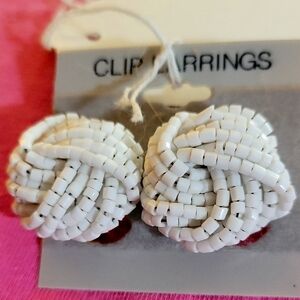 Vtg White Beaded Clip Earrings